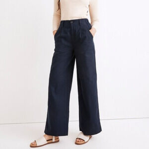 Madewell Petite Cotton Pleated Wide Leg Pants Navy Blue Indigo Cotton Linen 6P